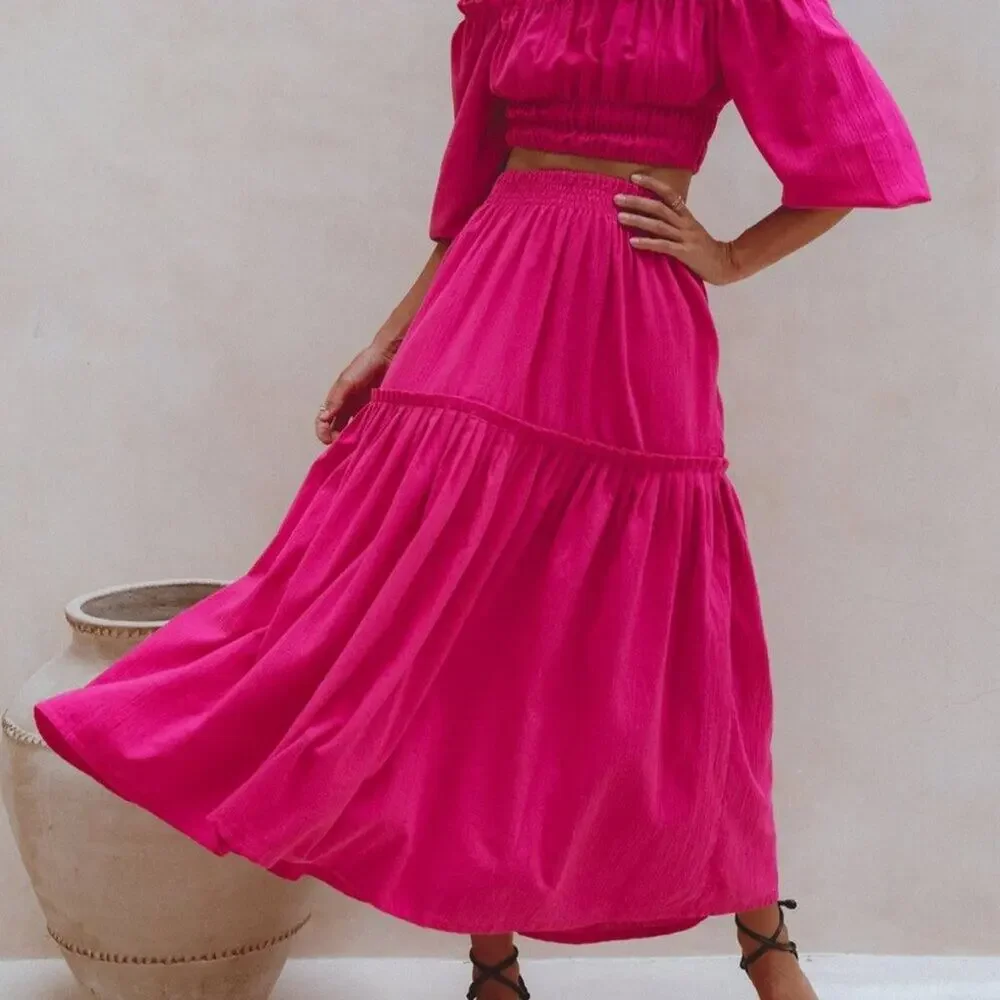 ELF Annabelle Linen Maxi Skirt Magenta Pink Elastic Waist M - Picture 1 of 10